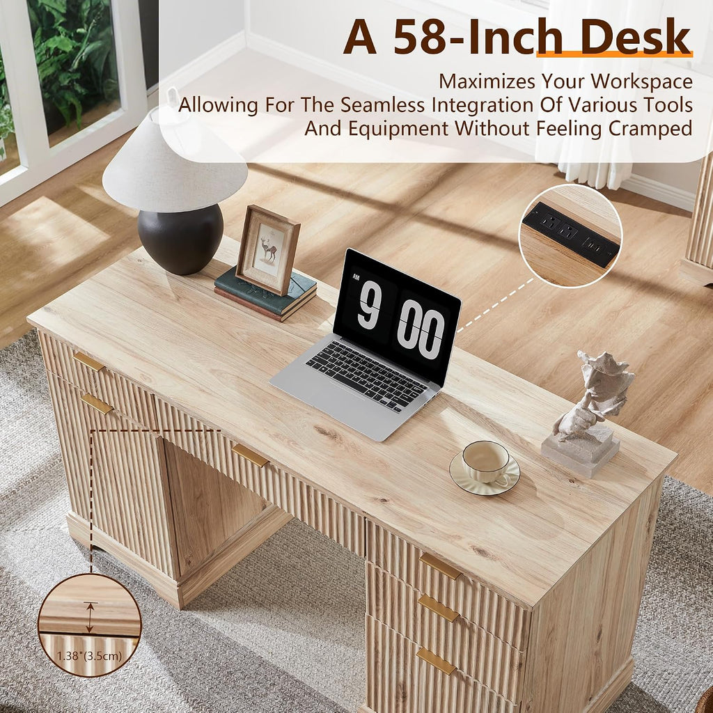 JXQTLINGMU 58' Modern Executive Desk with Storage, Wood Home Office Desk with 5 Drawers & 1 Cabinet, Fluted Computer Writing Desk for Study, Living Room, Bedroom, Oak