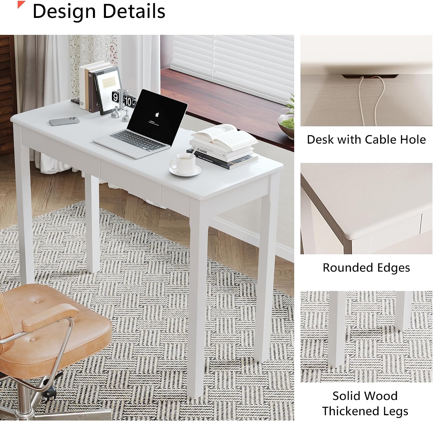 Solid Wood Desk with Drawers - 39' Narrow Desks for Small Spaces, Mid Century Modern Desks, Small Wooden Vintage Computer Writing Desk, Study Table for Home Office Bedroom, White