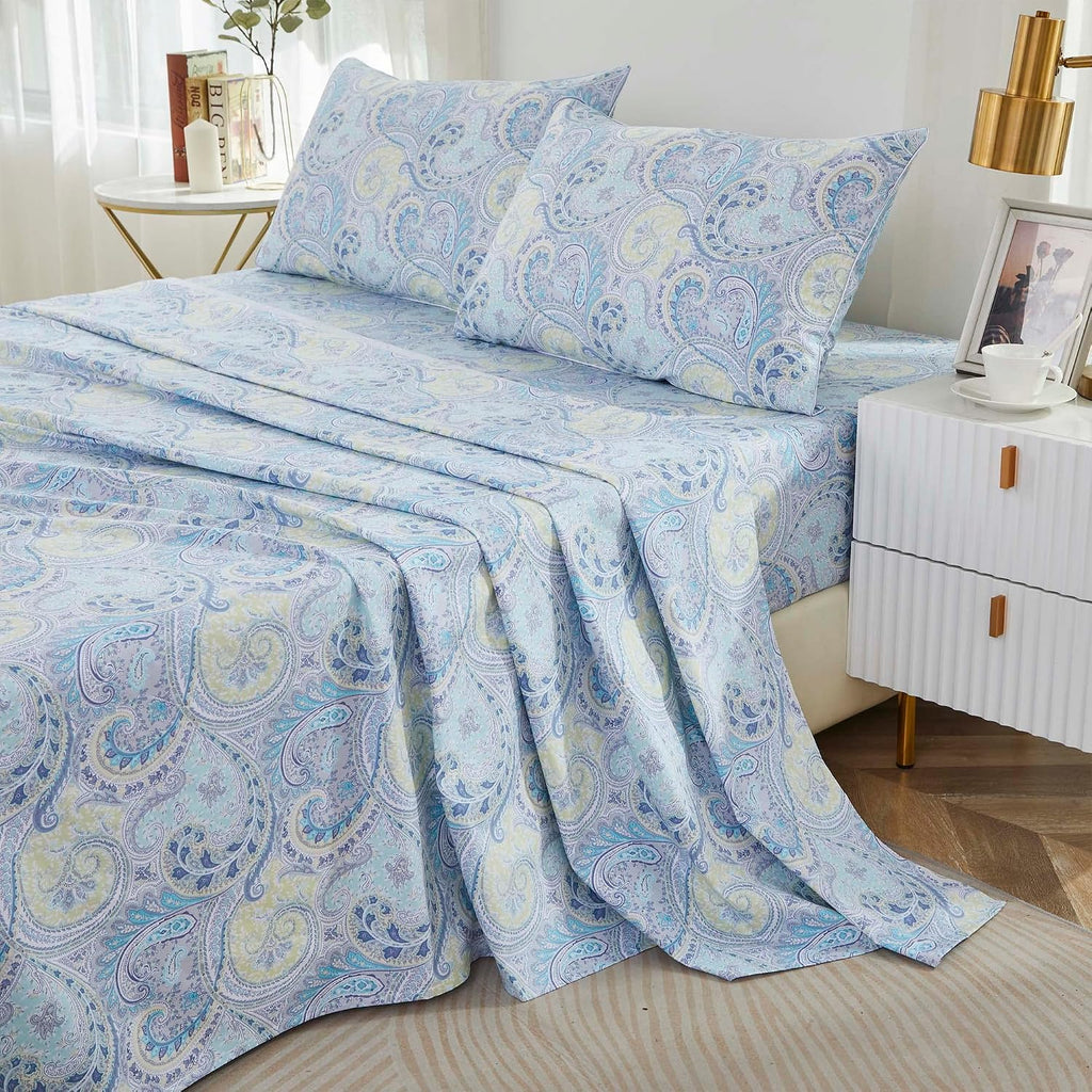 Brandream Paisley Queen Size Sheet Set Luxury Floral Boho Bohemian Medallio Bedding Collections 800 Thread Count 100% Egyptian Cotton Deep Pocket, 4 Piece, Blue