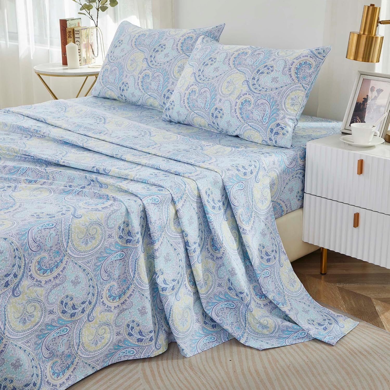 Brandream Paisley Queen Size Sheet Set Luxury Floral Boho Bohemian Medallio Bedding Collections 800 Thread Count 100% Egyptian Cotton Deep Pocket, 4 Piece, Blue