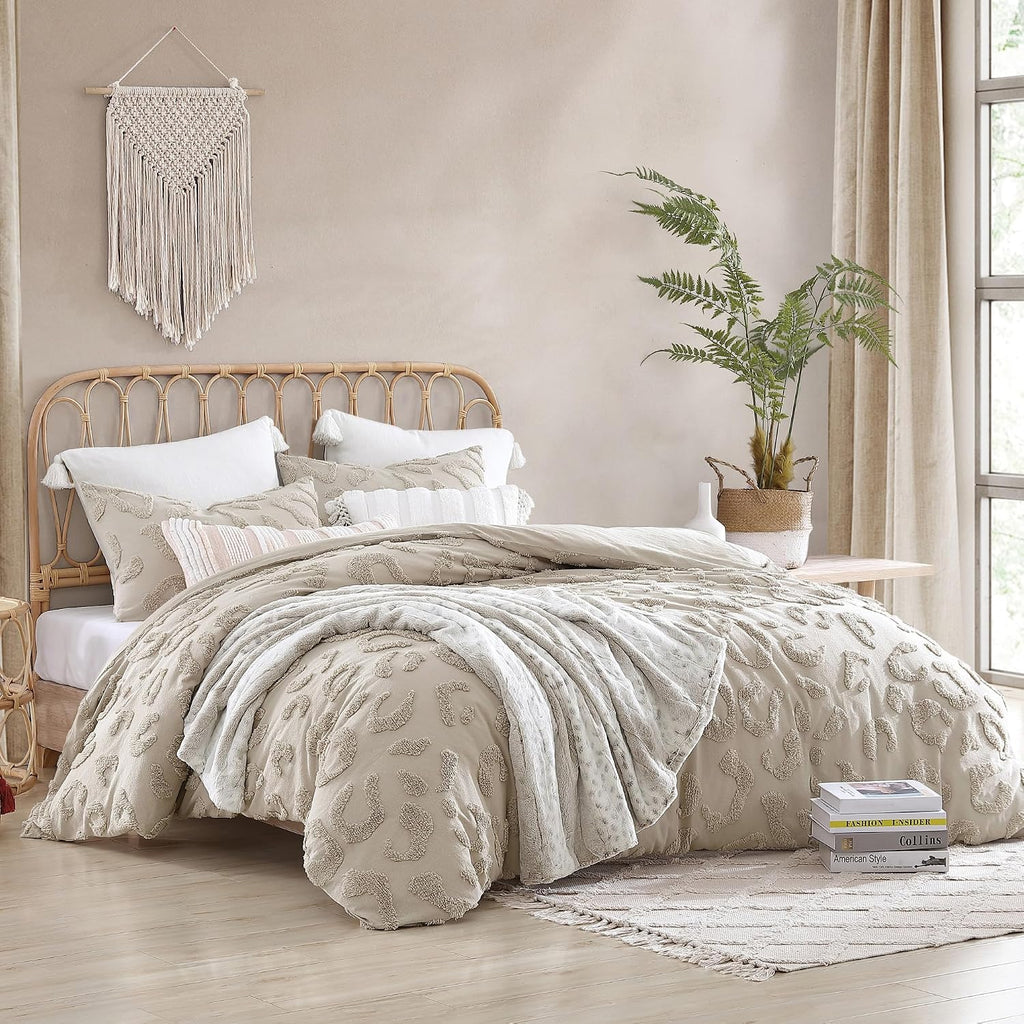 Peri Home Chenille Leopard 100% Cotton 3-Piece Duvet Cover & Sham Set, Full/Queen, Linen