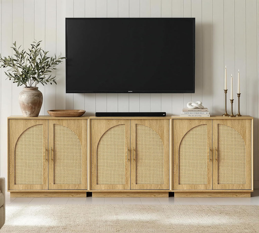 FORTUNETEC Sideboard Buffet Cabinet with Storage Set of 3, Modern Accent Cabinet with Rattan Arched Doors, Modular Media Console, Boho Credenza for Living Room Kitchen Dining Room Entryway, Oak