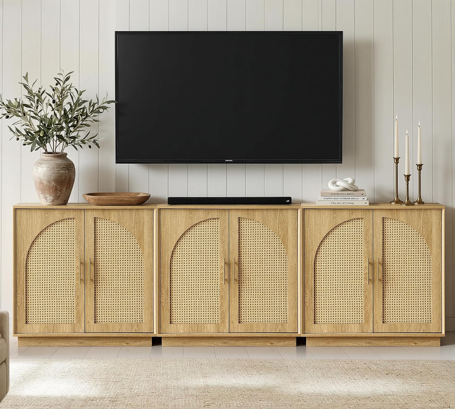 FORTUNETEC Sideboard Buffet Cabinet with Storage Set of 3, Modern Accent Cabinet with Rattan Arched Doors, Modular Media Console, Boho Credenza for Living Room Kitchen Dining Room Entryway, Oak