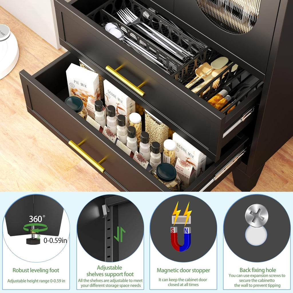 erosoei 61.02'H Metal Pantry Storage Cabinet with Drawer,Pantries Cabinets with Acrylic Glass Doors and Adjustable Shelves,Cupboard for Kitchen, Laundry Room,Living Room,Bathroom,Dinning Room