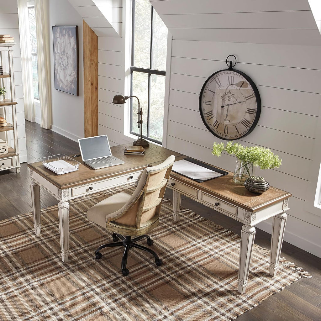 Signature Design by Ashley Realyn Cottage L-Shaped Distressed 2-Piece Home Office Desk with Power Supply and USB Ports, White & Light Brown