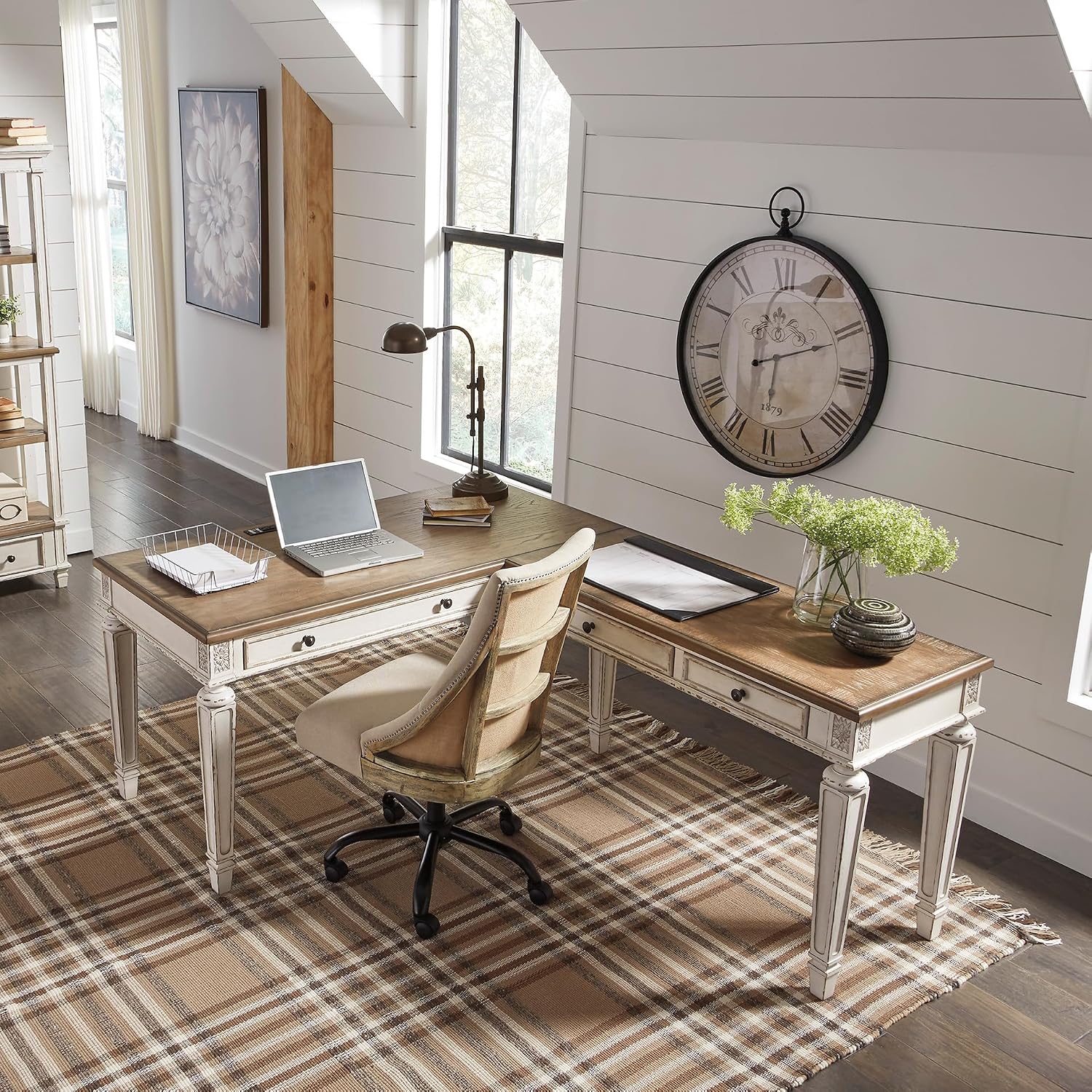 Signature Design by Ashley Realyn Cottage L-Shaped Distressed 2-Piece Home Office Desk with Power Supply and USB Ports, White & Light Brown