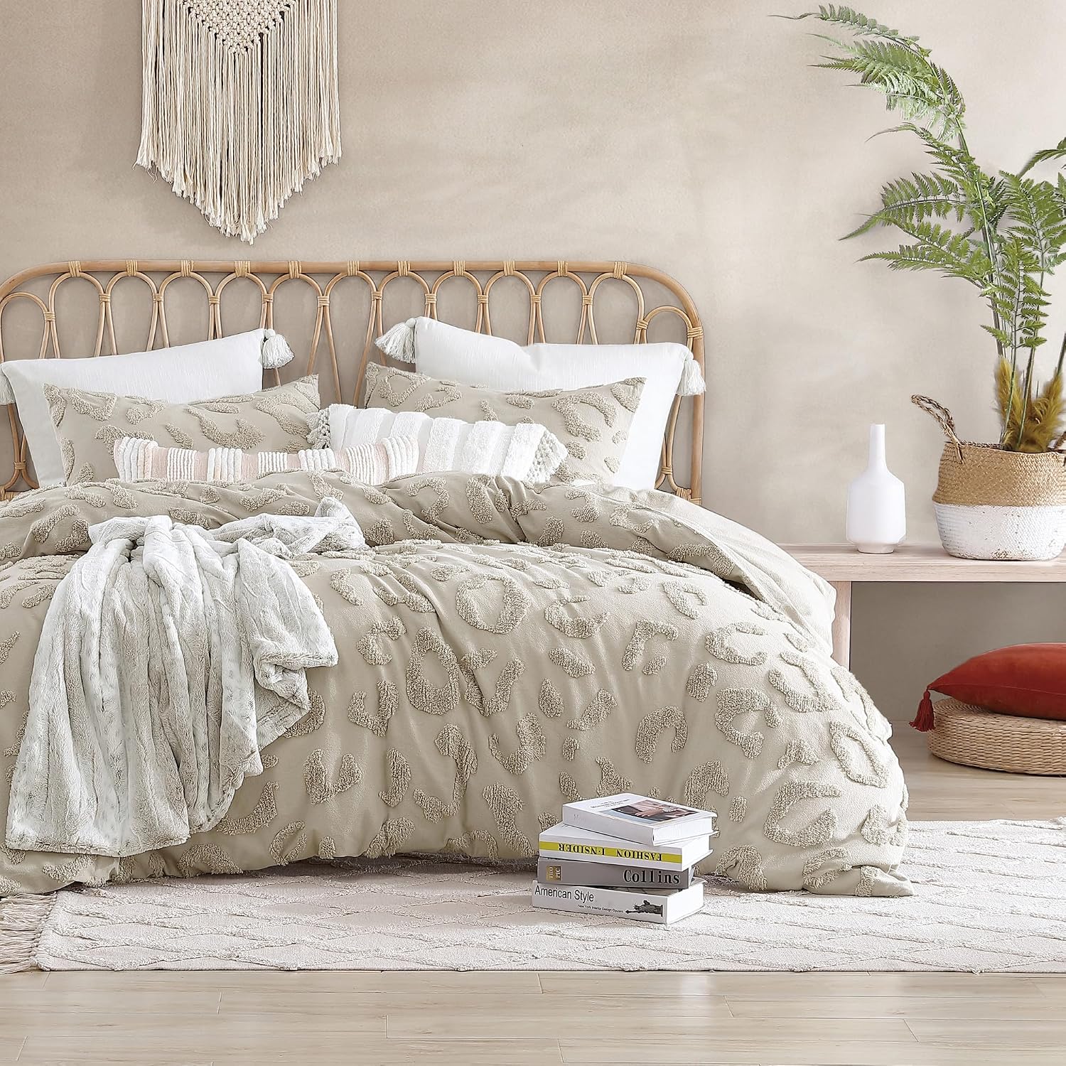 Peri Home Chenille Leopard 100% Cotton 3-Piece Duvet Cover & Sham Set, Full/Queen, Linen