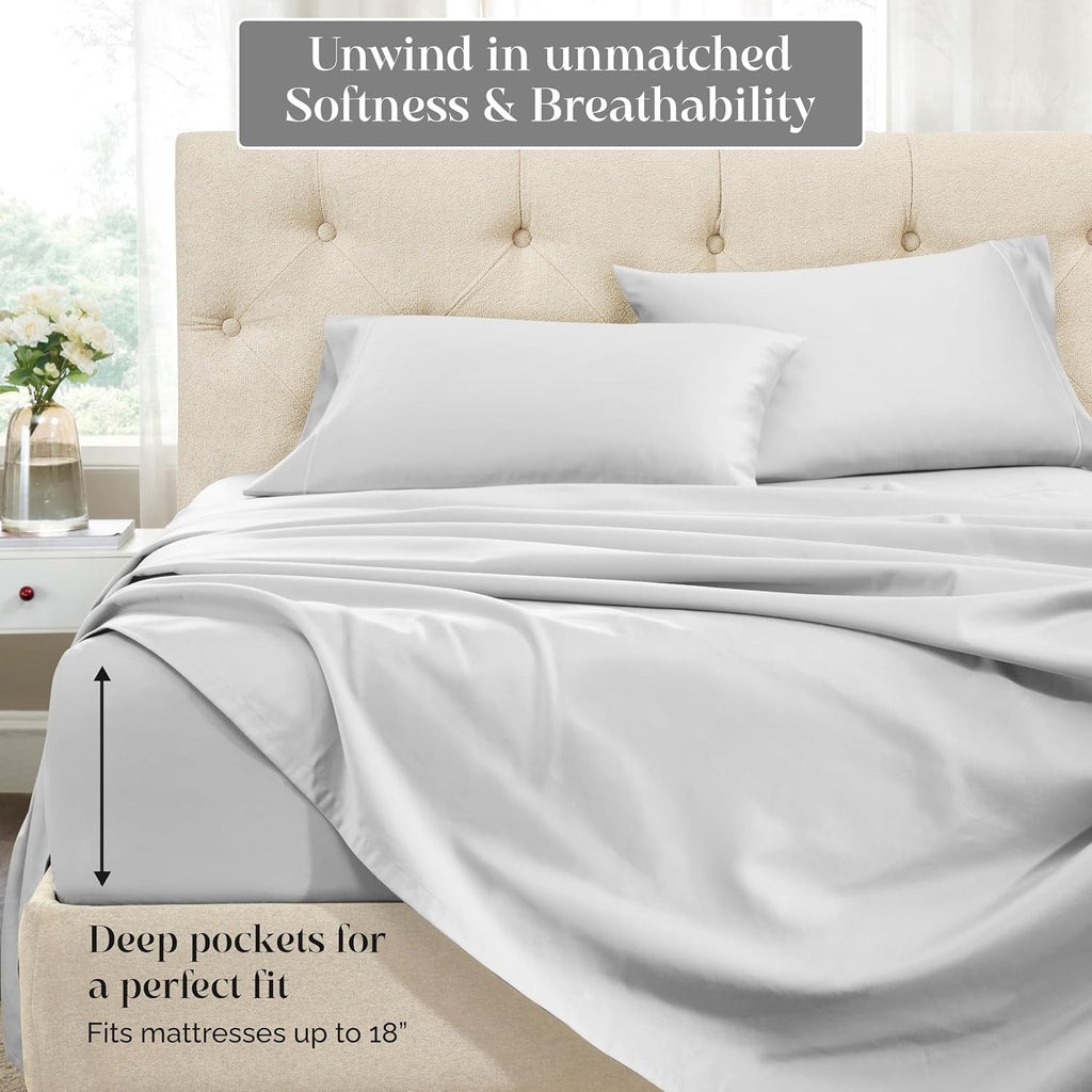 Superior Egyptian Cotton 1500 Thread Count Bed Sheet Set, Daily Soft Sheets, Embroidered Marrow Stitch Hem, Bedding Essentials, 1 Deep Pocket Fitted Sheet, 1 Flat Sheet, 2 Pillowcases, King, Platinum