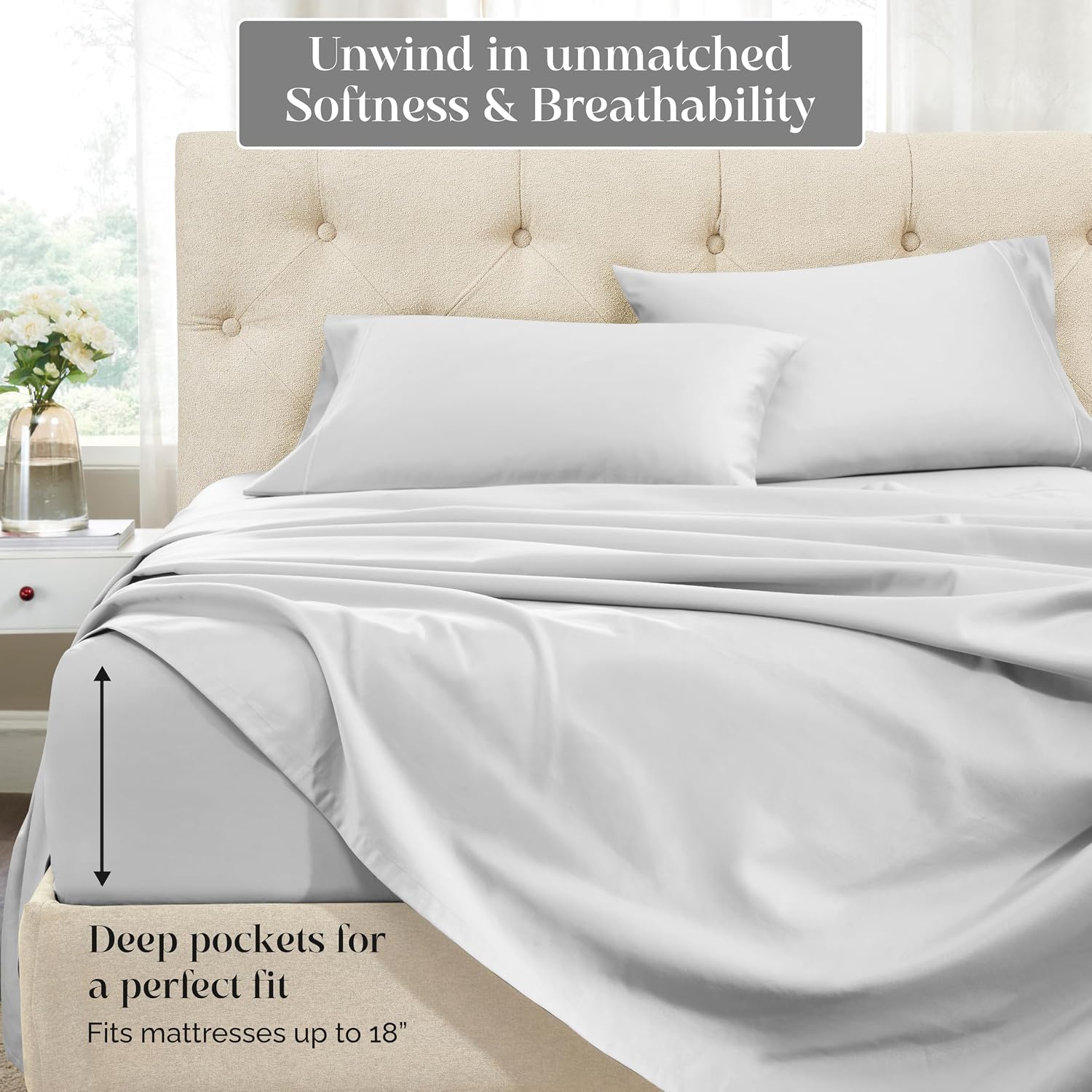 Superior Egyptian Cotton 1500 Thread Count Bed Sheet Set, Daily Soft Sheets, Embroidered Marrow Stitch Hem, Bedding Essentials, 1 Deep Pocket Fitted Sheet, 1 Flat Sheet, 2 Pillowcases, King, Platinum