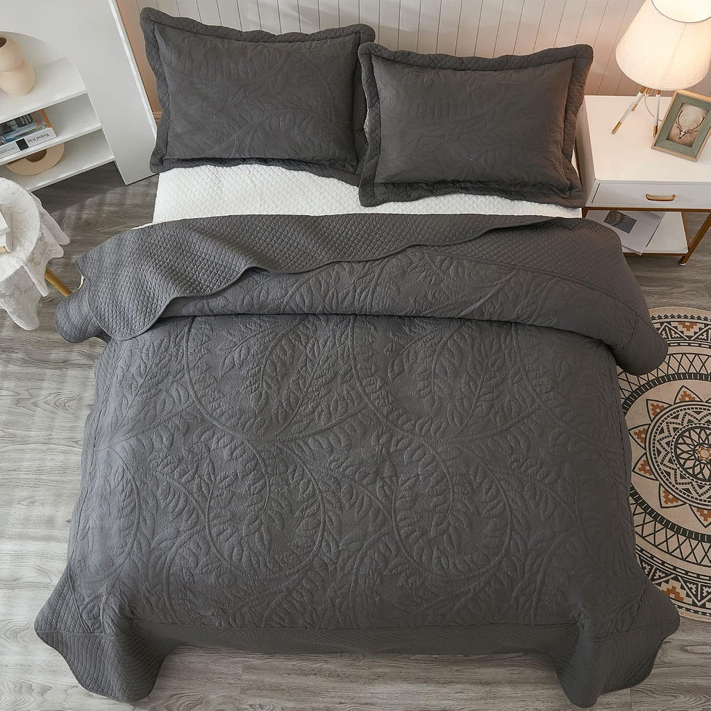 MarCielo 3-Piece 100% Cotton Oversized Bedspread Lightweight Quilt Coverlet Embroidery Farmhouse Bedding Set T0 (Dark Grey, Oversized Queen (100'x106'))