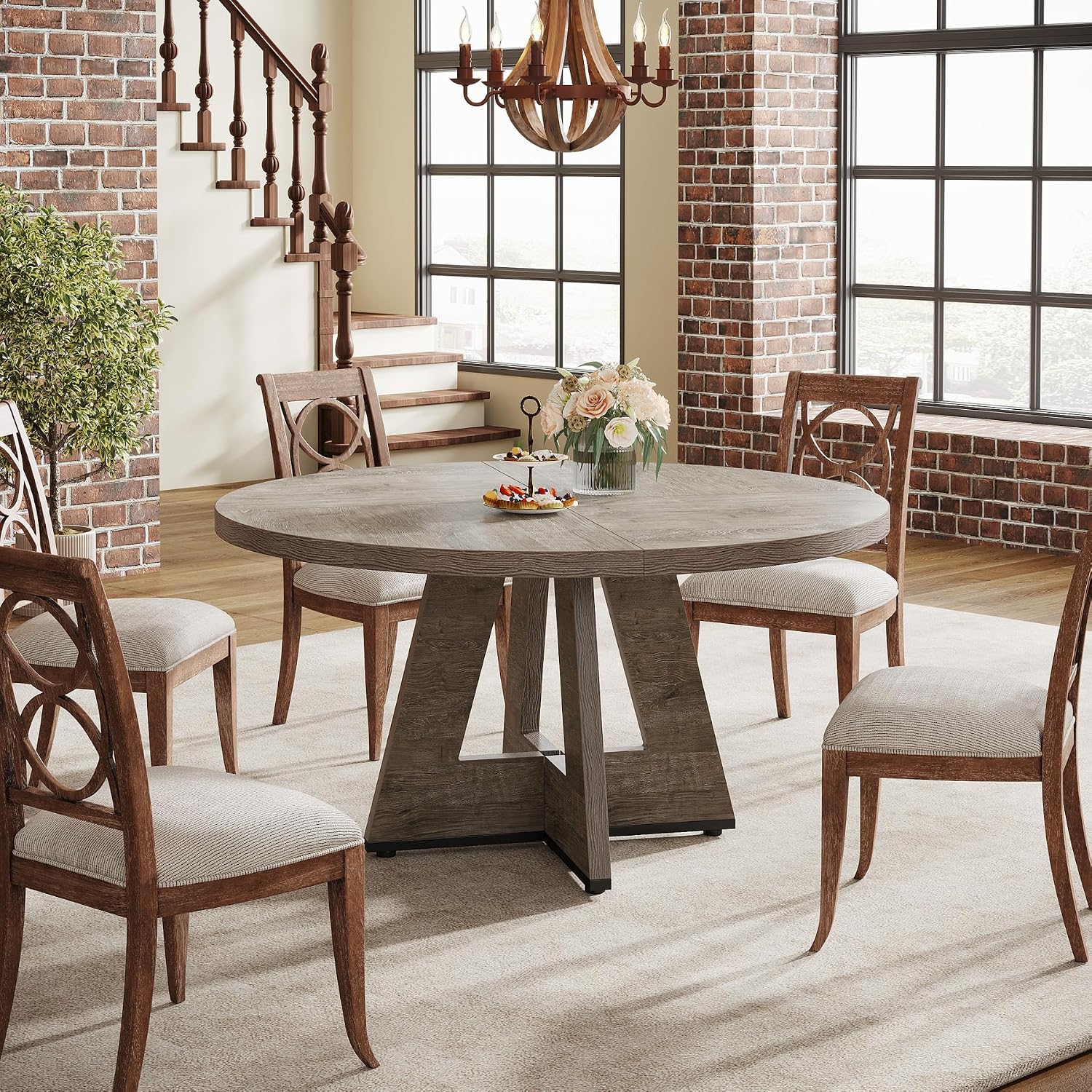 Tribesigns Farmhouse Dining Table, 47 Inch Round Dinner Table for 4 (Grey)