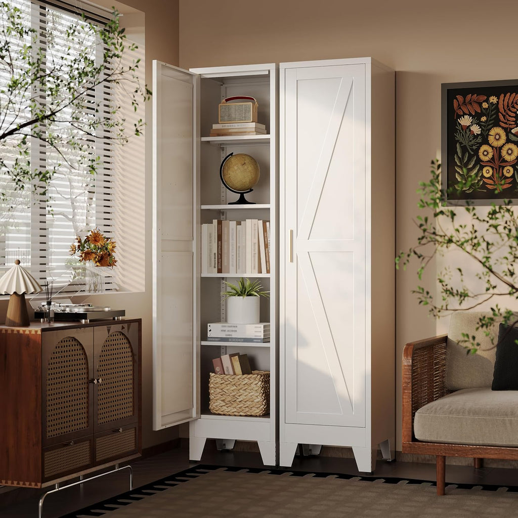67'H Narrow Pantry Cabinet,Tall Skinny Pantry Storage Cabinet with Adjustable Shelves,Metal Narrow Kitchen Storage Cabinet,Slim and Thin Pantry Cabinets for Living Room Dining Room, White