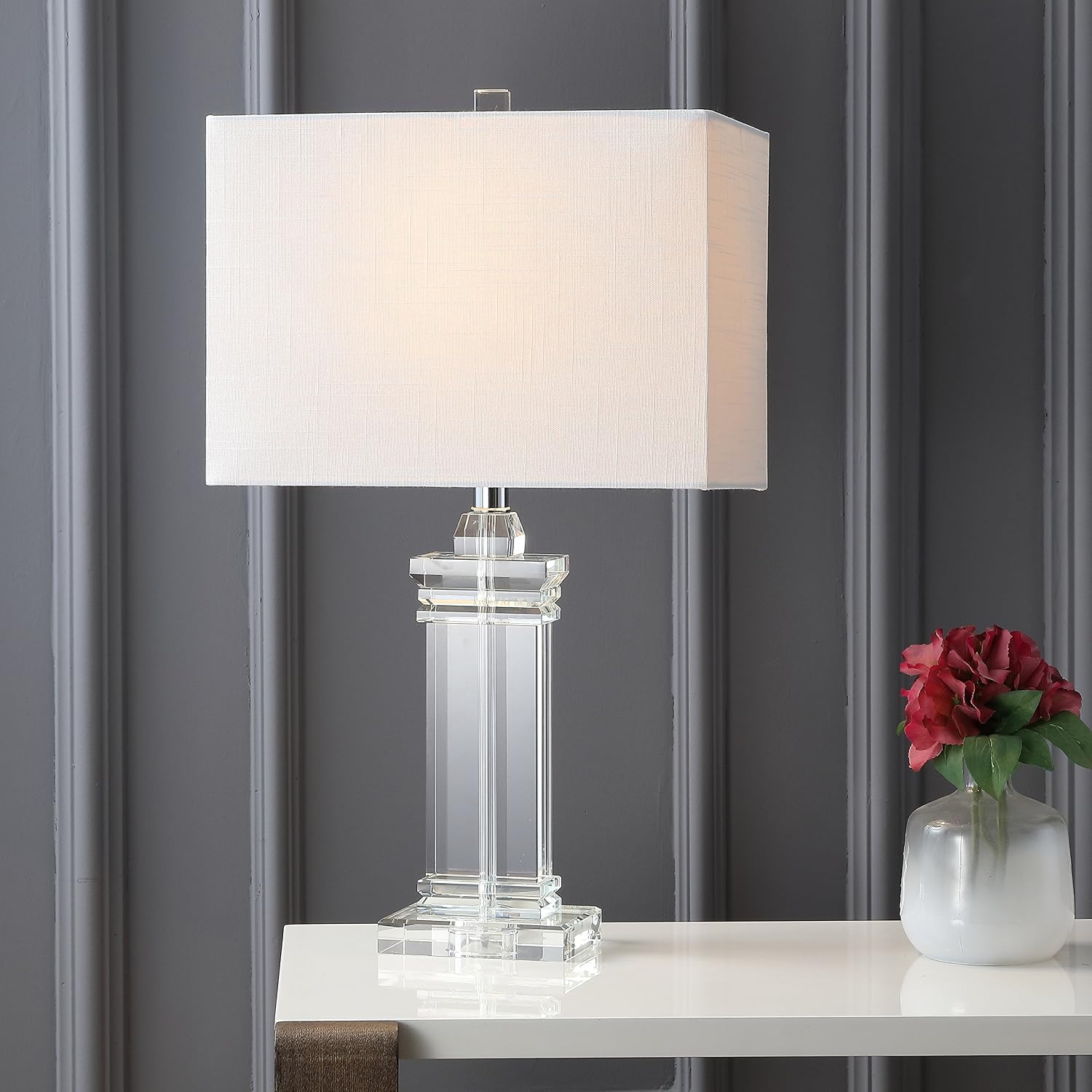 JONATHAN Y 24.5' Ophelia Clear Solid Crystal LED Table Lamp, Modern Rectangular Column Lamp with White Linen Shade for Living Room Bedroom, UL Listed, LED Bulb Included JYL5035A