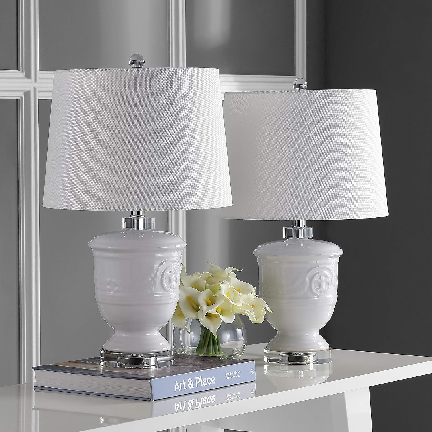 SAFAVIEH Lighting Collection Shoal Farmhouse White 24-inch Bedroom Living Room Home Office Desk Nightstand Table Lamp Set of 2 (LED Bulbs Included)
