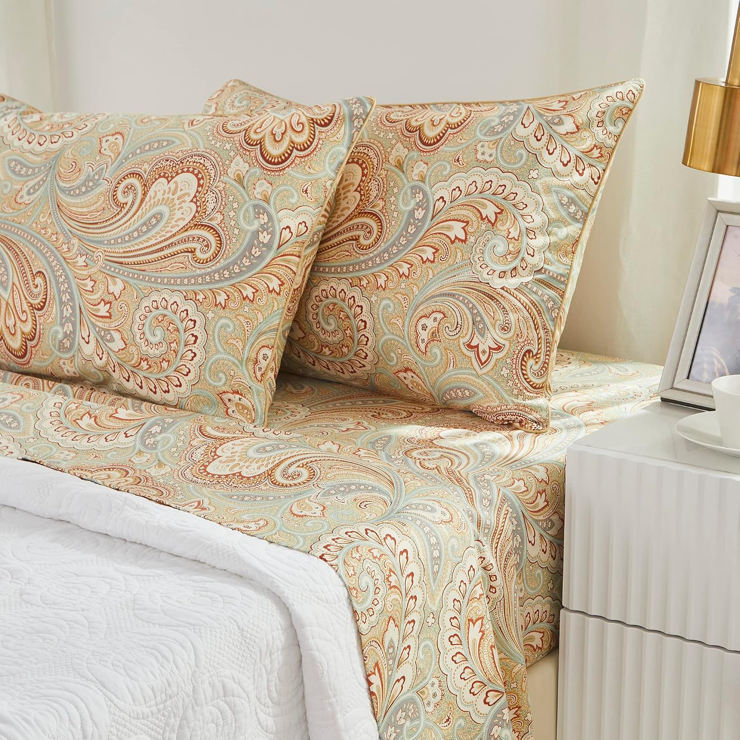 Brandream Paisley Bedding Gold Classy Regal Themed Boho Bed Sheet Set Luxury Bedding Collections 800 Thread Count 100% Egyptian Cotton Deep Pocket, 4 Piece-King Size