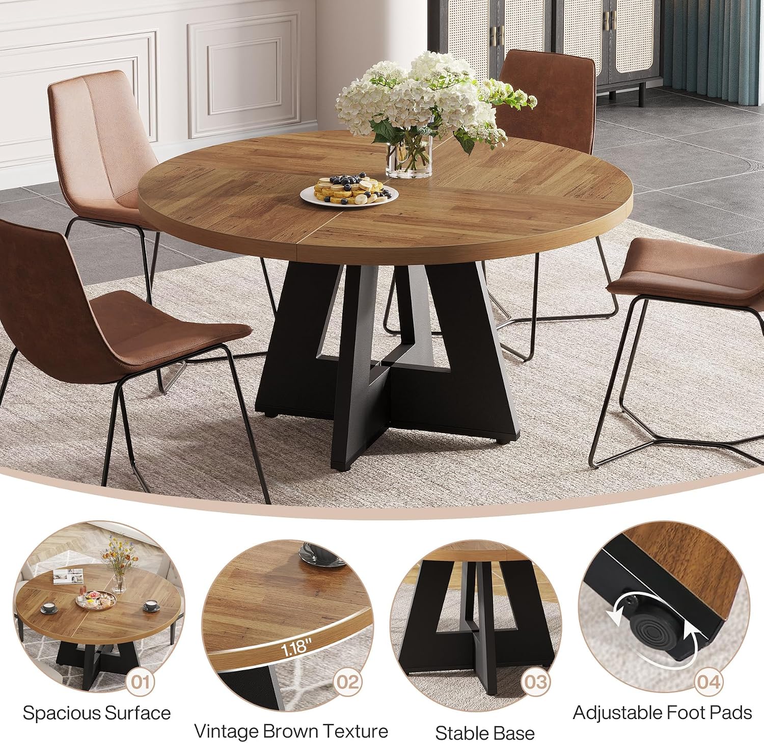 Tribesigns Farmhouse Dining Table, 47 Inch Round Dinner Table for 4, Rustic Round Dining Room Table for Home Dining Room Living Room (Walnut Brown+Black)