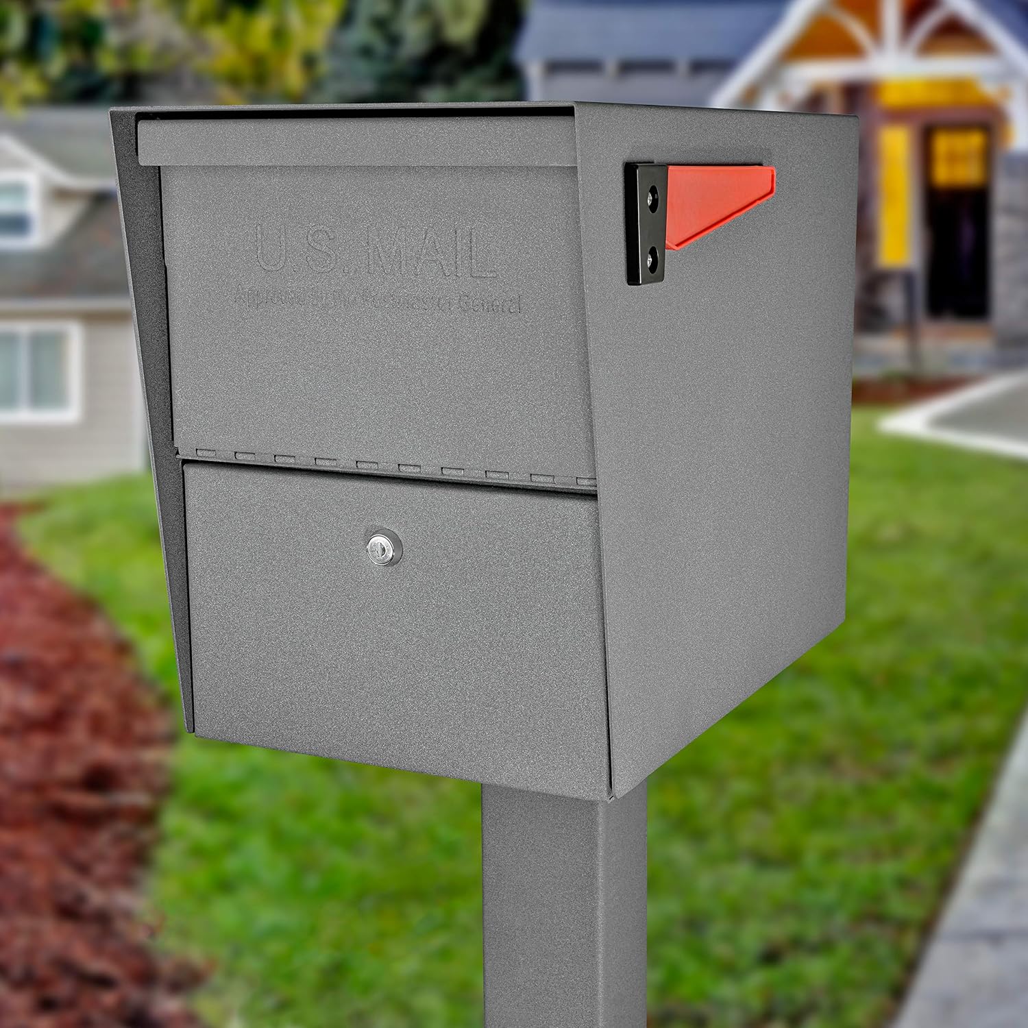 Mail Boss 7205 Package Master Curbside Locking Security Mailbox | Granite 21.5 x 12 x 16.5 inches & Hillman 843445 Reflective Adhesive Mailbox Number Pack, 3'', Black and White