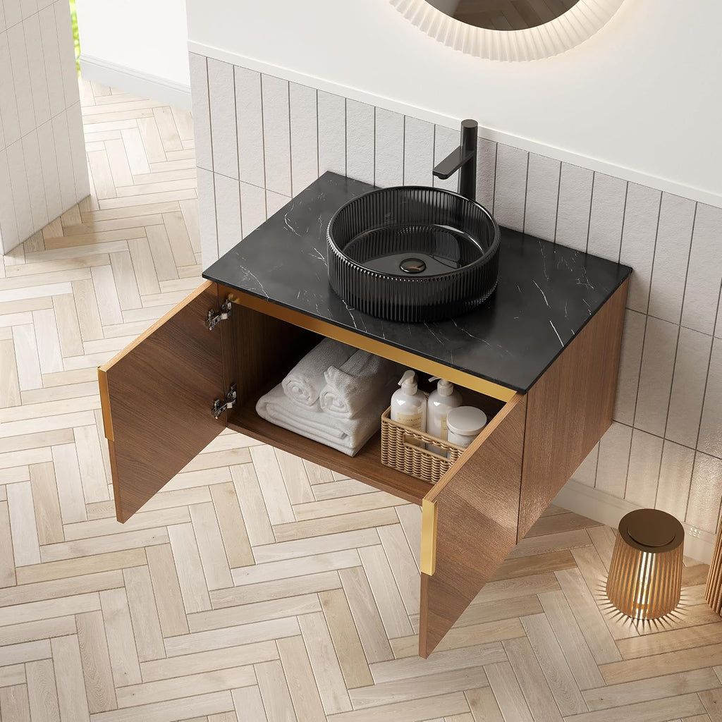 30 Inch Bathroom Vanity with Sink Combo, Floating Vanity Bathroom with Vessel Sink, Modern Bathroom Vanity Cabinet with Doors, Sintered Stone Countertop and Black Glass Sink,Brown Oak