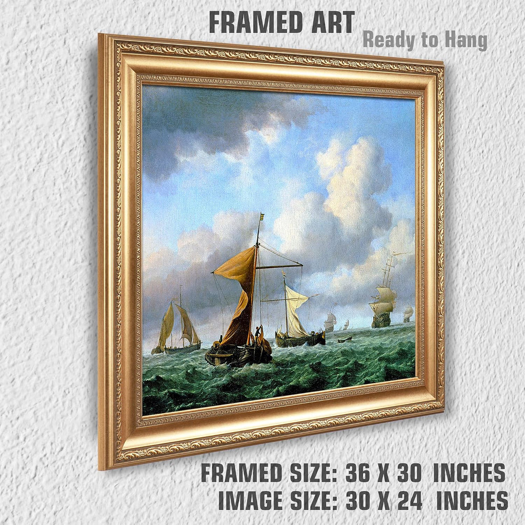 A Brisk Breeze by Willem van de velde Warship Painting Reproductions Framed Size:36x30 inches,Image Size:30x24 inches World Classic Reproductions For HomeDecor,Gold Frame