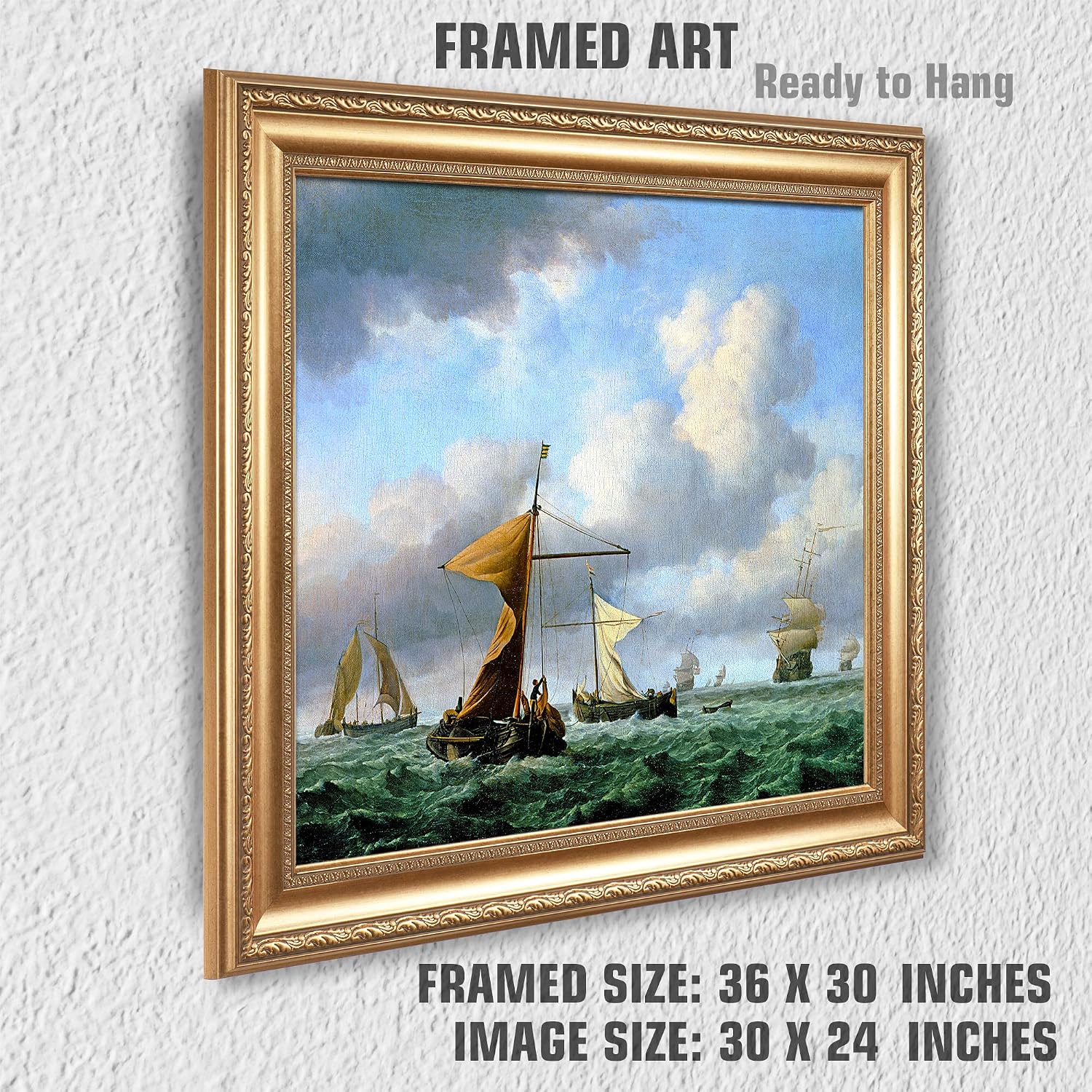 A Brisk Breeze by Willem van de velde Warship Painting Reproductions Framed Size:36x30 inches,Image Size:30x24 inches World Classic Reproductions For HomeDecor,Gold Frame