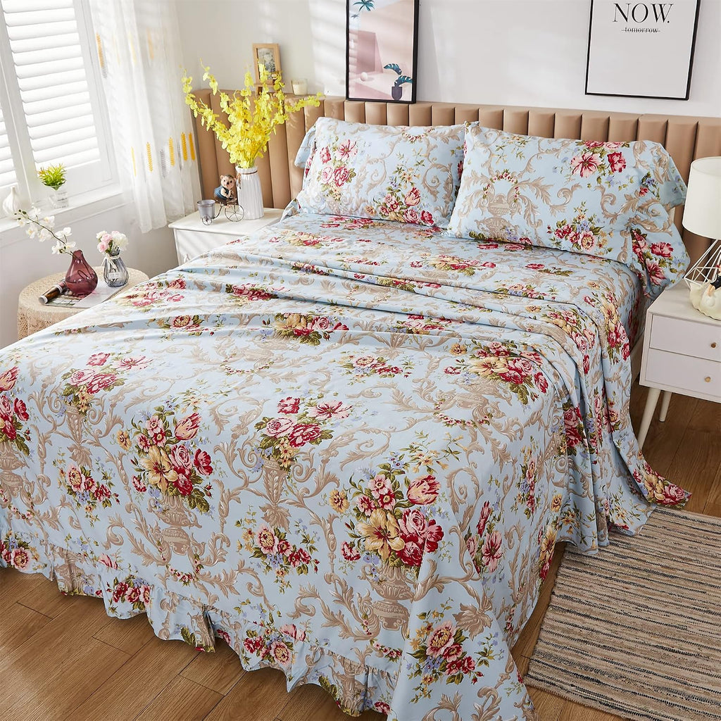 ABREEZE Floral Bedding Shabby Blue Bed Sheet Set Vintage Luxury Bedding Collections Ruffled 1000 Thread Count 100% Egyptian Cotton Deep Pocket, 4 Piece-King Size