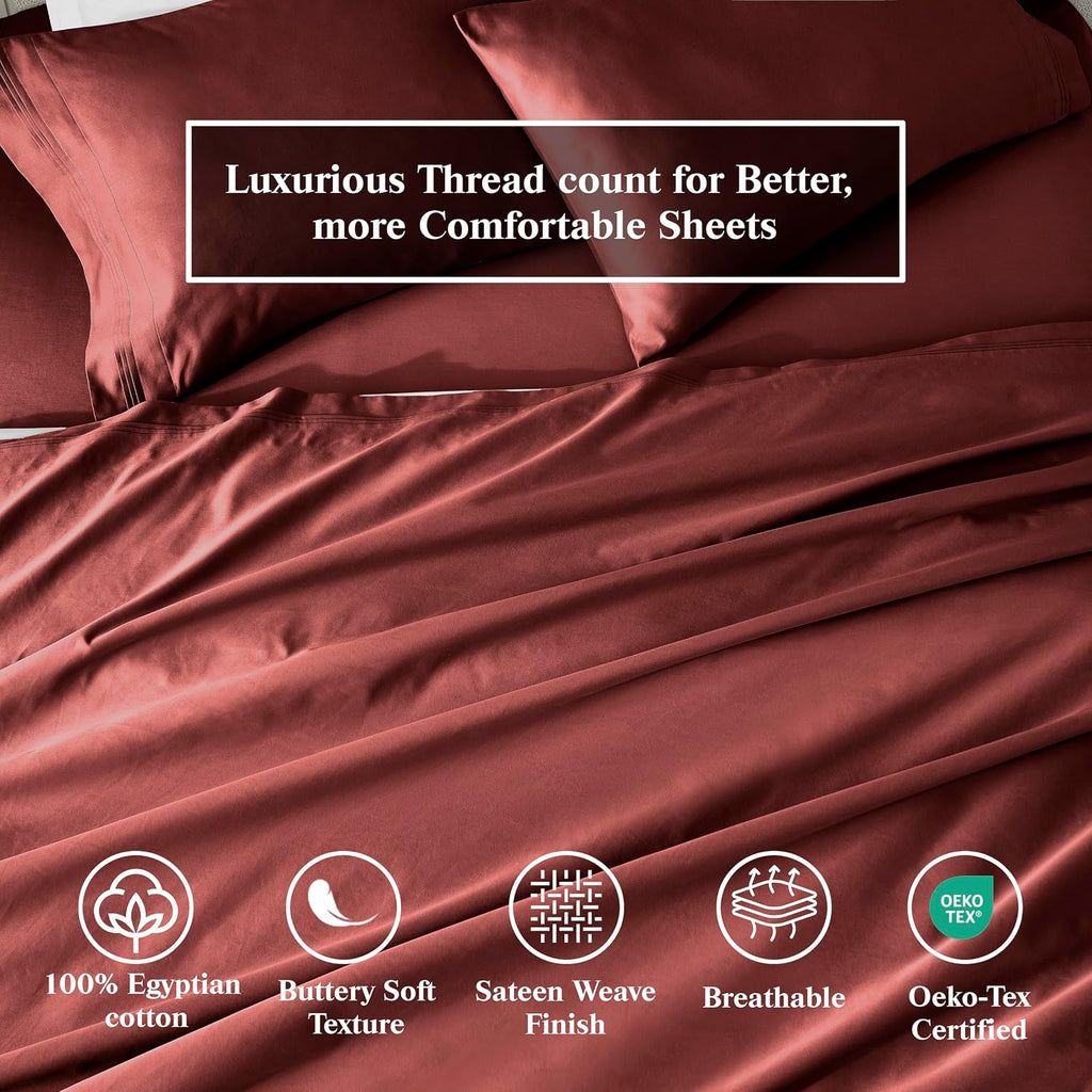 Superior Egyptian Cotton 4 Piece Sheet Set, 650 Thread Count, Eco-Friendly, Sustainable Sheets, Ultra-Soft Basics, Solid, Deep Pocket Fitted Sheet, Flat Sheet, Pillowcases, Queen, Burgundy