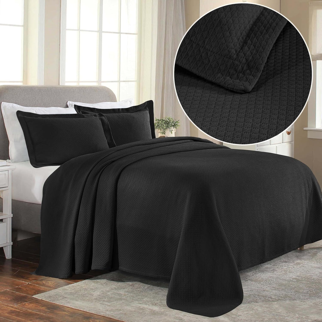 Superior Solitaire Cotton 3 Piece Bedspread Set, Home Bed Decor, Decorative Textured Bed Spread, 2 Pillow Shams, Airy Blanket, Matelasse Coverlet Bedding, All-Season Accent Blanket, Queen, Black