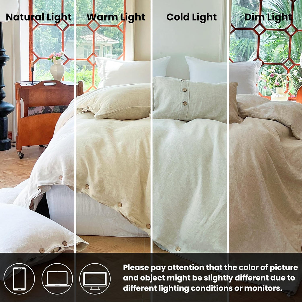 Simple&Opulence 100% Linen Duvet Cover Set 3pcs with Coconut Button Closure Natural French Washed Flax Solid Color Soft Breathable Farmhouse Bedding - Linen, Queen Size