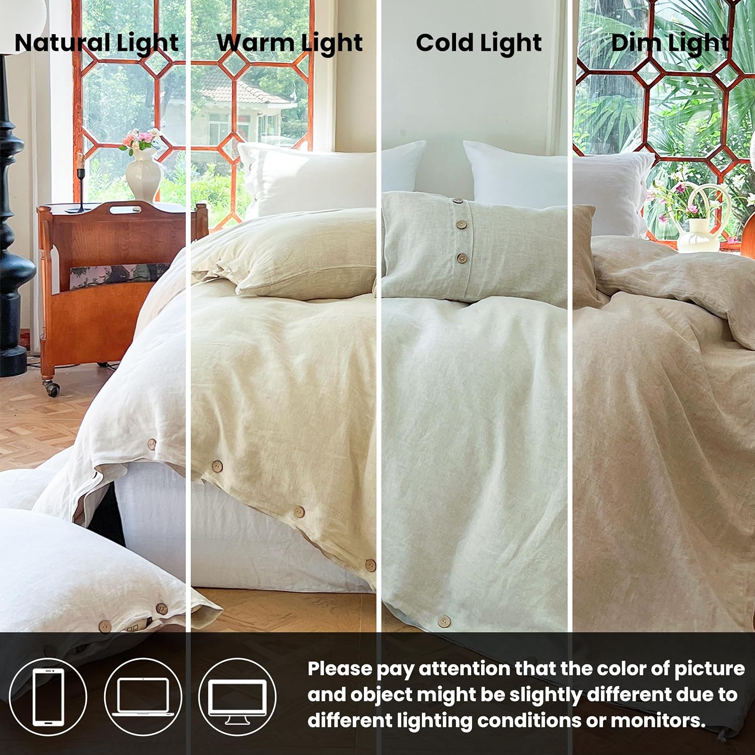 Simple&Opulence 100% Linen Duvet Cover Set 3pcs with Coconut Button Closure Natural French Washed Flax Solid Color Soft Breathable Farmhouse Bedding - Linen, Queen Size