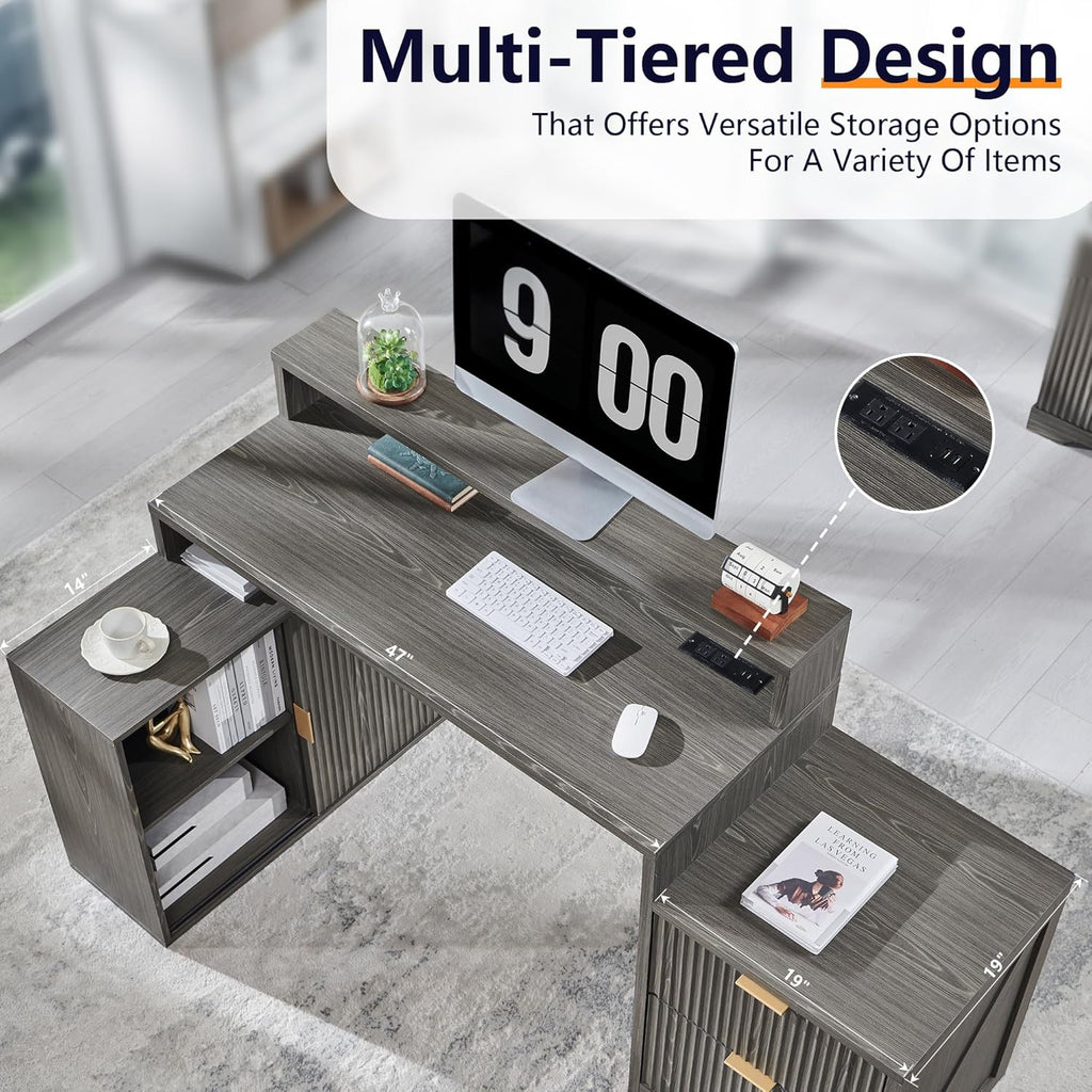JXQTLINGMU Modern L Shaped Desk with Storage Cabinet & Drawers, Wood Home Office Desk with Power Outlets, Fluted Computer Writing Desk