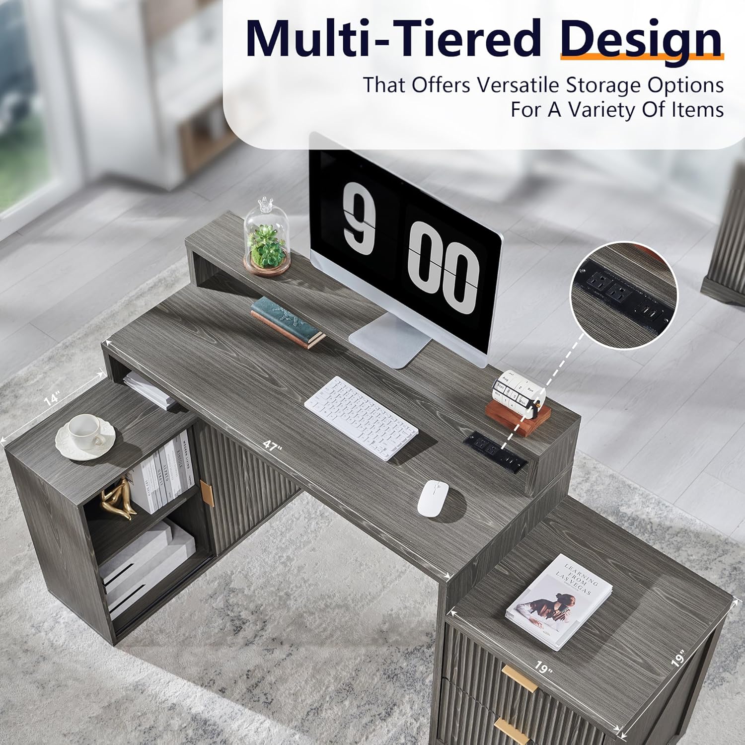 JXQTLINGMU Modern L Shaped Desk with Storage Cabinet & Drawers, Wood Home Office Desk with Power Outlets, Fluted Computer Writing Desk