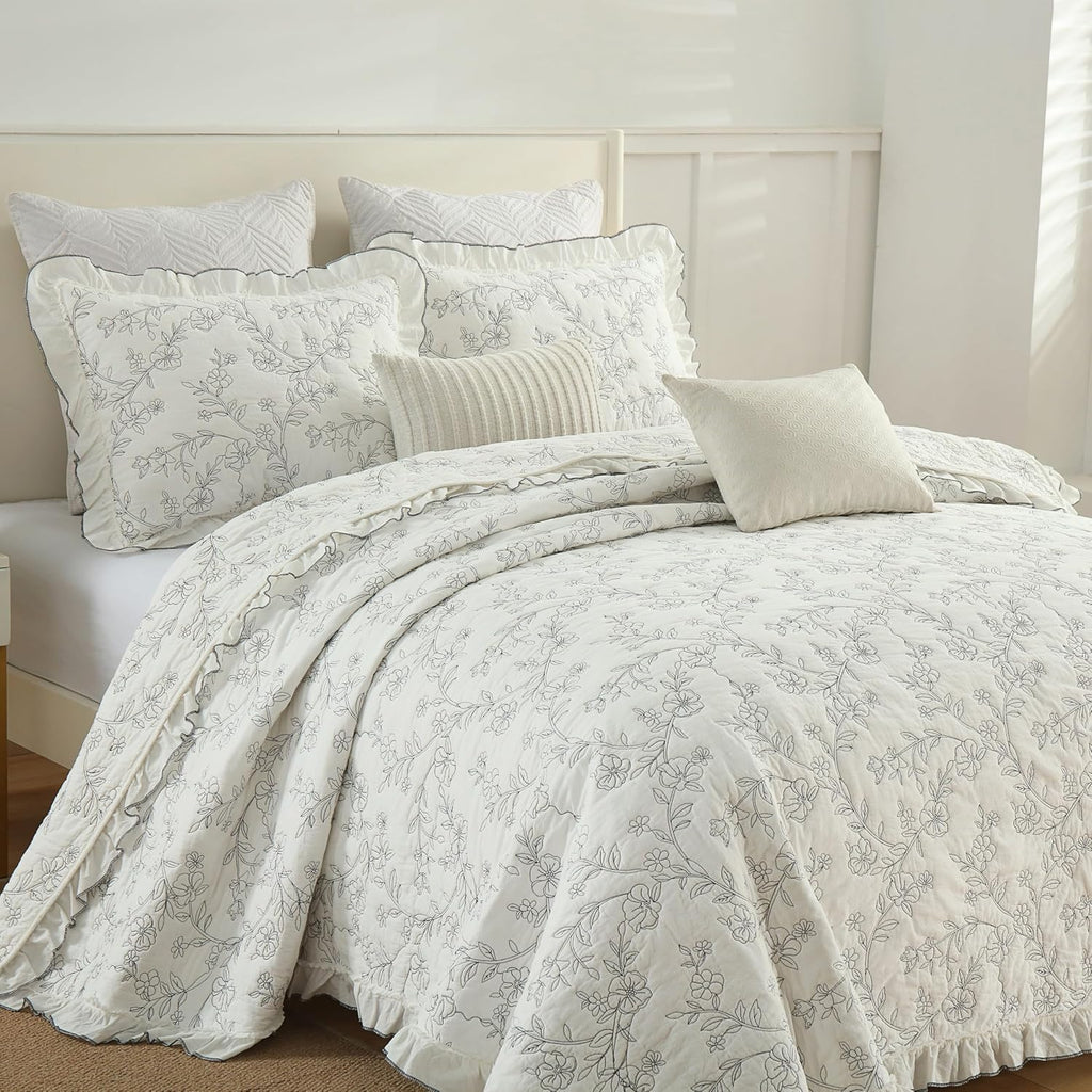MarCielo 3-Piece 100% Cotton Bedspread Lightweight Quilt Coverlet Embroidery Farmhouse Bedding Set (Floral,King (106' X 98'))