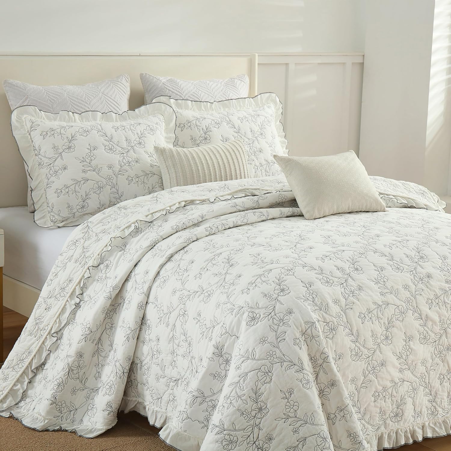 MarCielo 3-Piece 100% Cotton Bedspread Lightweight Quilt Coverlet Embroidery Farmhouse Bedding Set (Floral,King (106' X 98'))