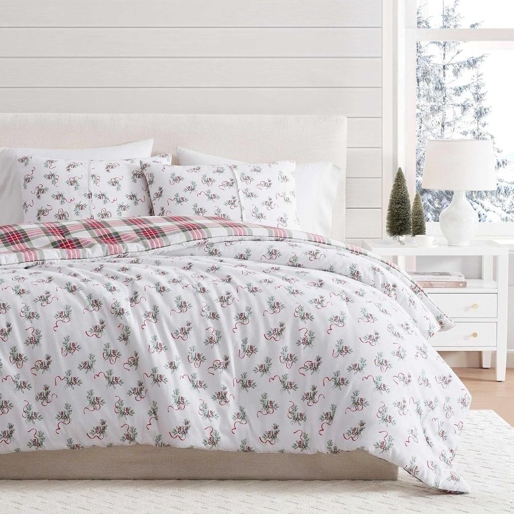 Martha Stewart - Queen Bedding Comforter Sets, Wonderfully Plush & Naturally Soft Cotton Flannel Bedding w/Matching Pillowcases, 3 Piece Bed Sets (Yuletide Spruce Plaid/Holiday Ribbons Red)