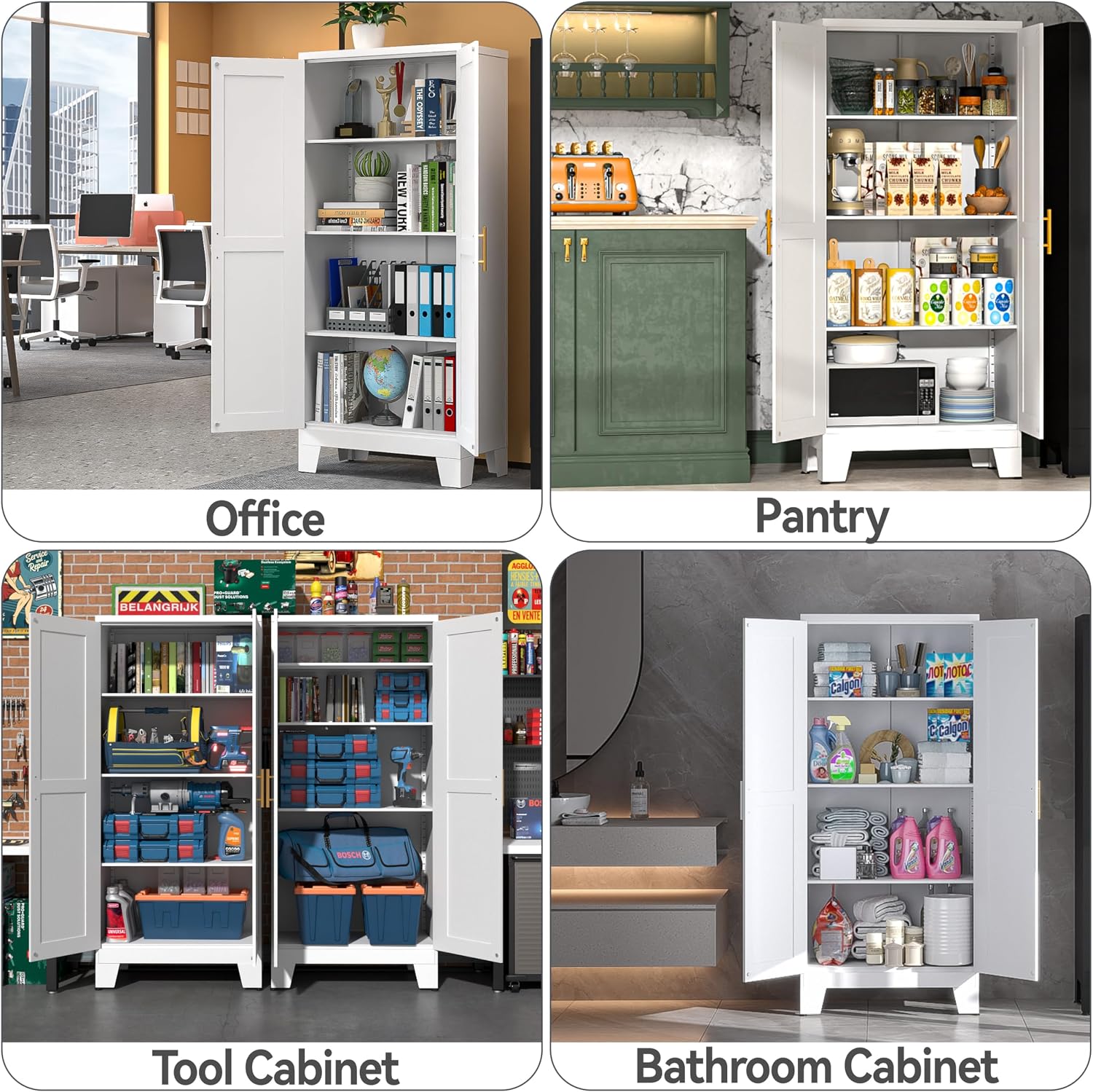 PAOFIN White Metal Kitchen Storage Cabinet, Kitchen Pantry Storage Cabinet with Doors and Shelves, Storage Cabinet with Adjustable Leveling Foot for Kitchen, Living Room and Dining Room. 61' H