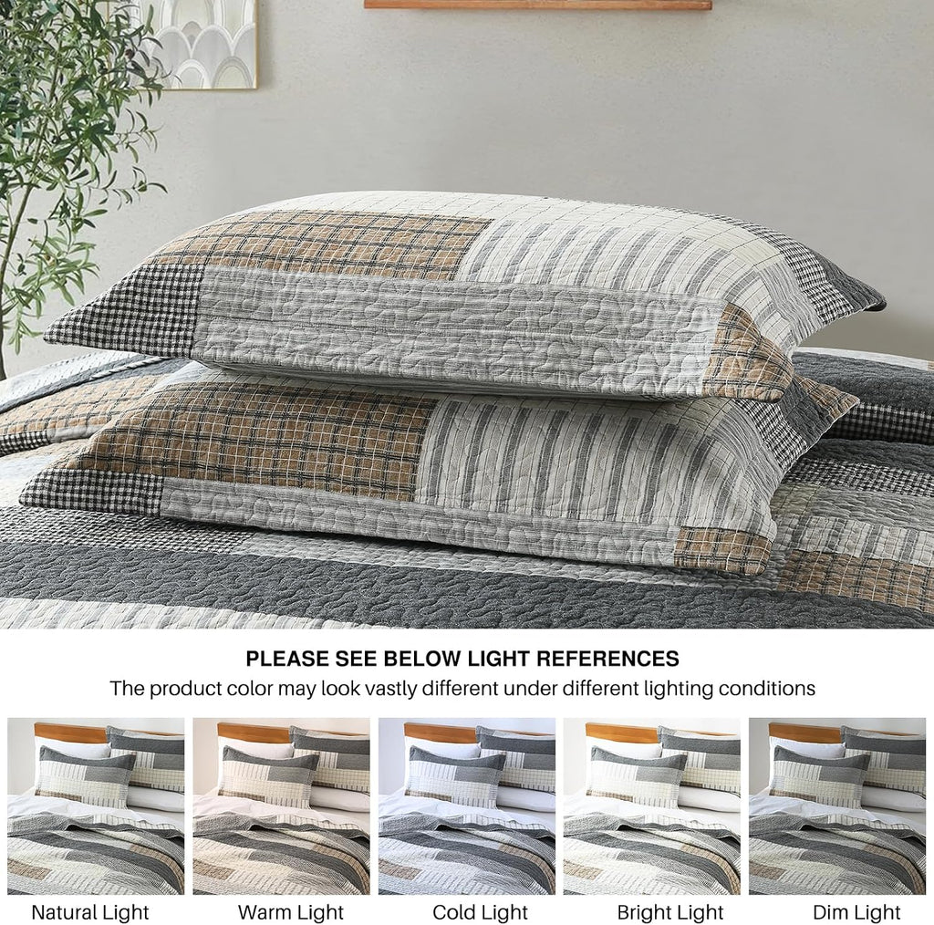 Y-PLWOMEN King Size Quilt - 100% Cotton Cozy King Quilt Set, Farmhouse Striped Bedspread, Reservible Lightweight Quilted Bedding Set for All Season, 3-Pieces