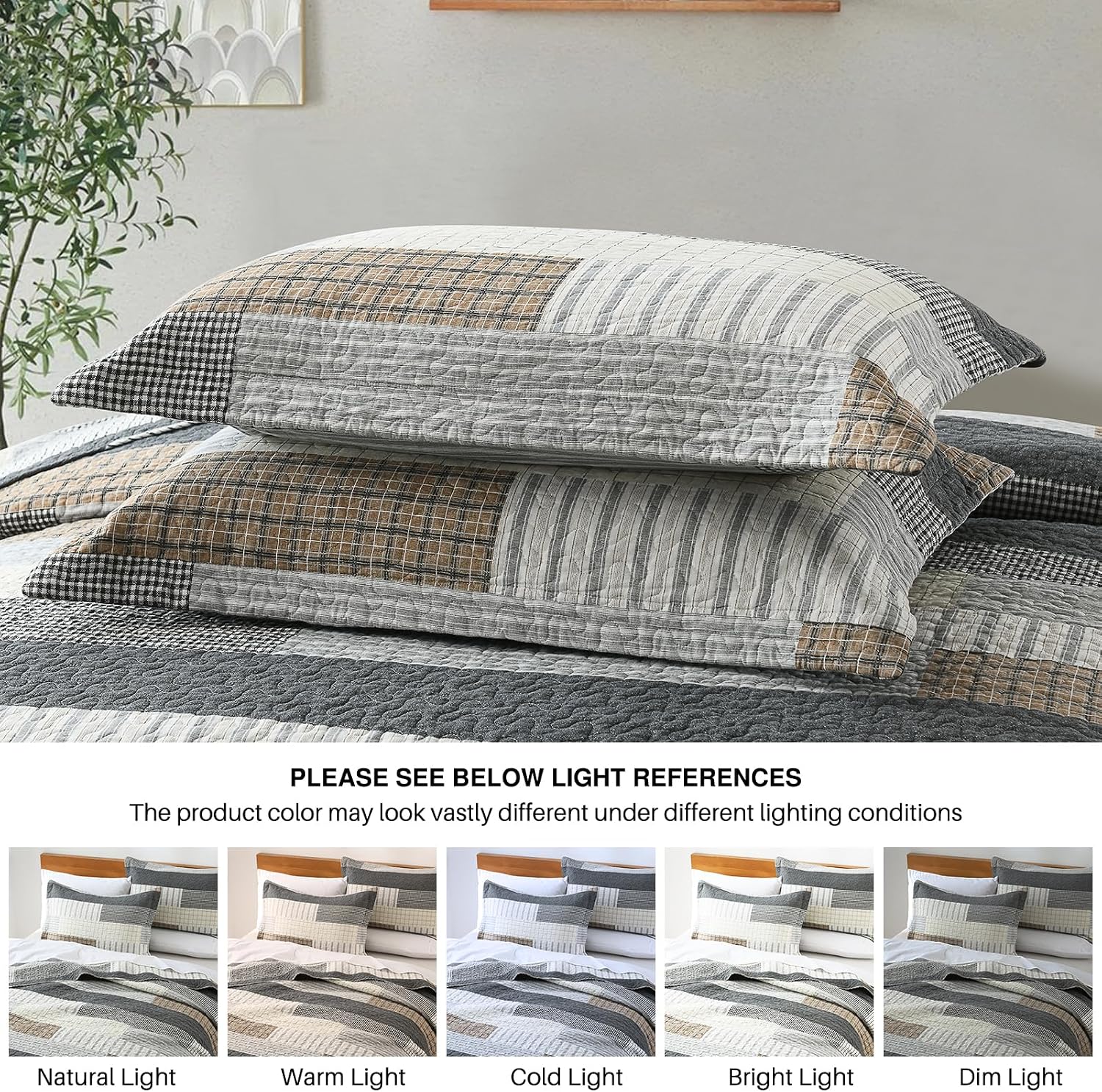 Y-PLWOMEN King Size Quilt - 100% Cotton Cozy King Quilt Set, Farmhouse Striped Bedspread, Reservible Lightweight Quilted Bedding Set for All Season, 3-Pieces