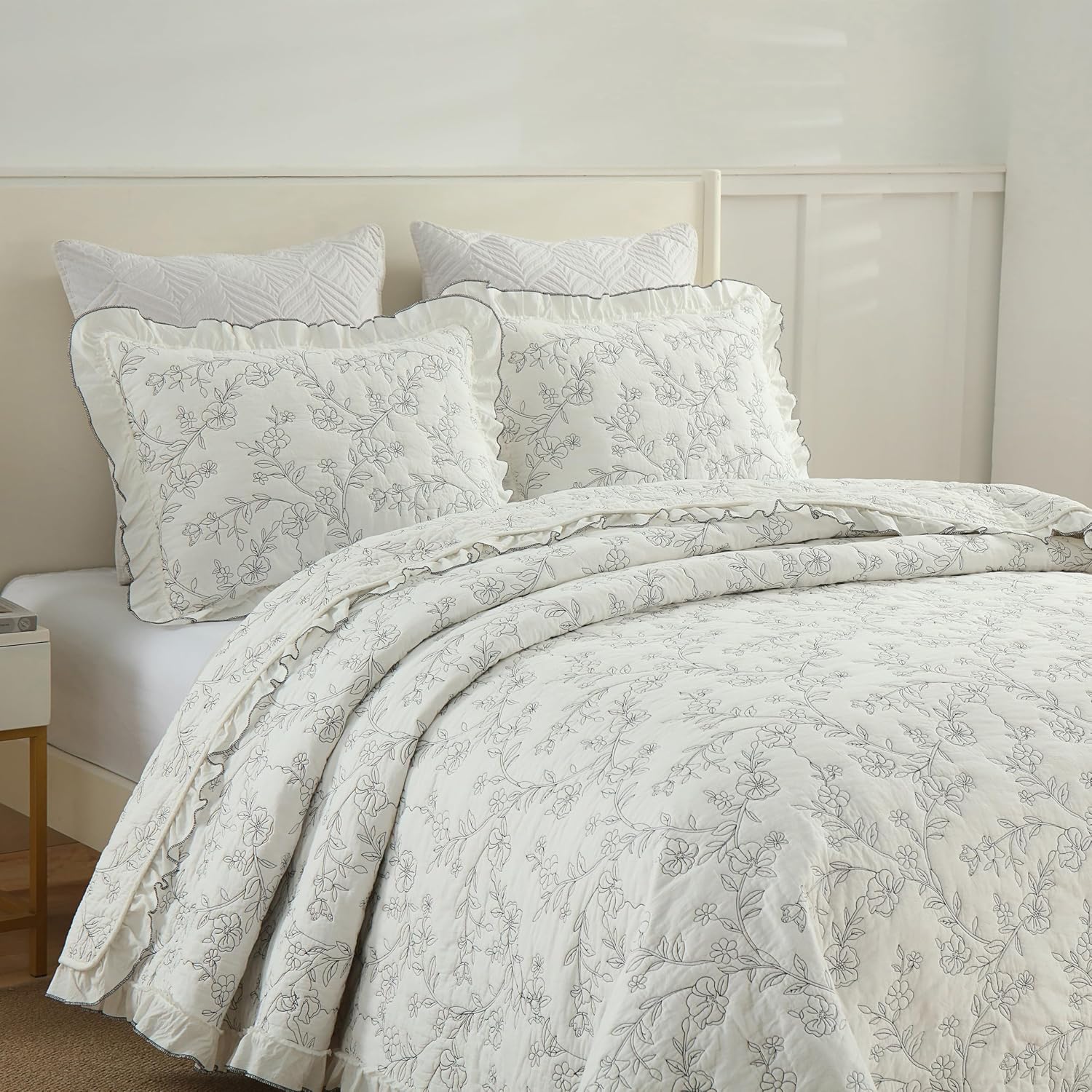 MarCielo 3-Piece 100% Cotton Bedspread Lightweight Quilt Coverlet Embroidery Farmhouse Bedding Set (Floral,King (106' X 98'))