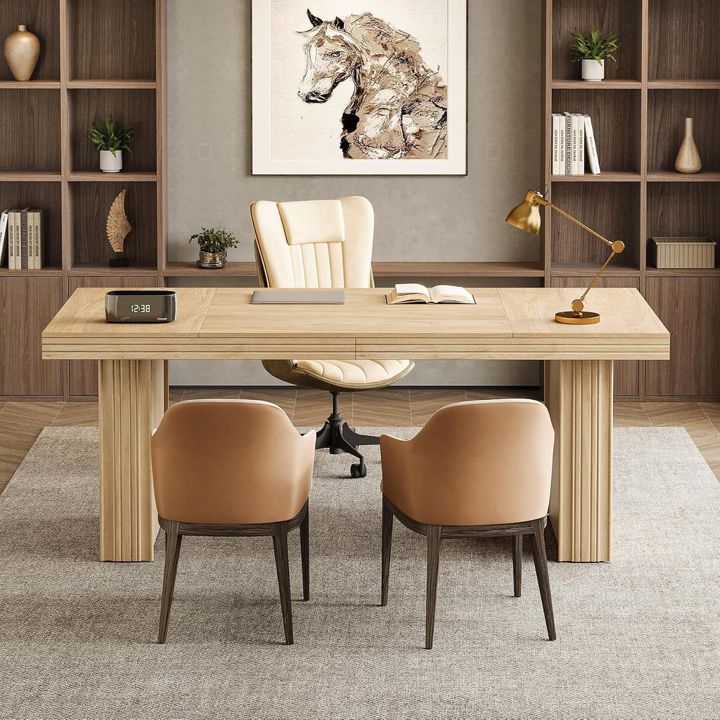 Tribesigns 63' Executive Desk, Modern Executive Office Desk with Thickened Desktop and Heavy-Duty Legs, Wood Writing Workstation Study Table Conference Table for Office, Natural