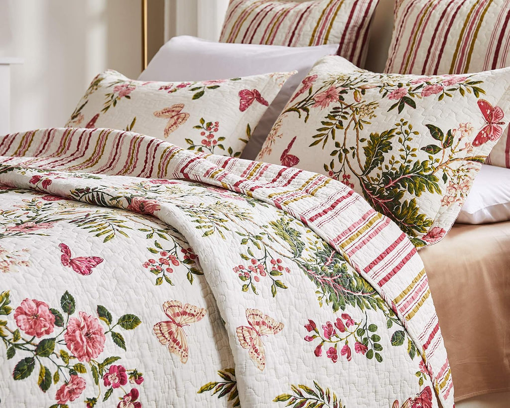 Greenland Home 100% Cotton Fashion Quilt Collection, Prewashed, Reversible Quilt Set, 3-Piece King/Cal King, Butterflies
