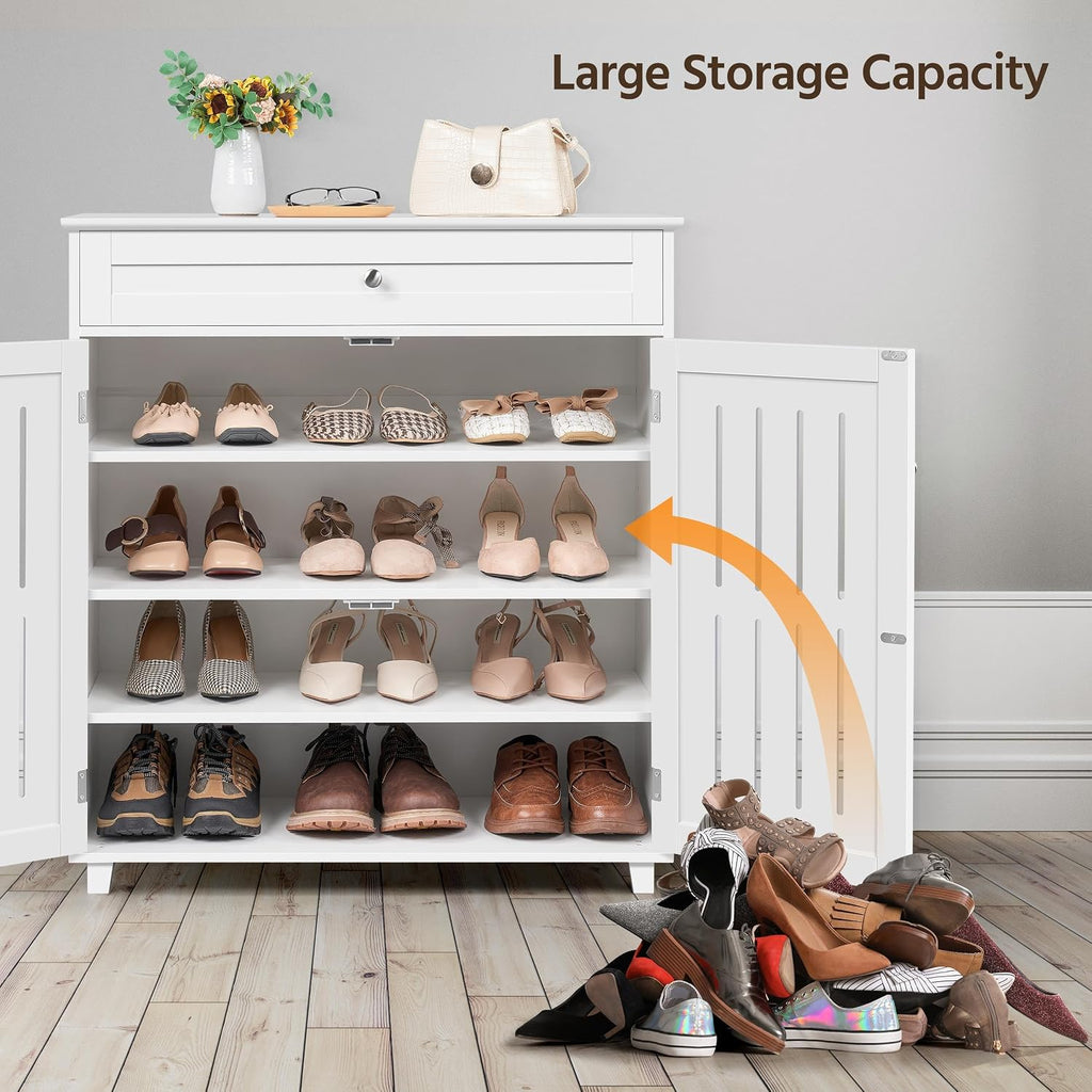 Topeakmart Wood Shoe Cabinet, Shoe Rack with 1 Big Drawer & 4 Storage Shelves, Shoe Storage Cabinet with 2 Louvered Door, for Entryway Living Room, White