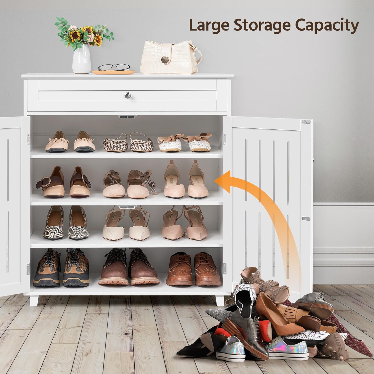 Topeakmart Wood Shoe Cabinet, Shoe Rack with 1 Big Drawer & 4 Storage Shelves, Shoe Storage Cabinet with 2 Louvered Door, for Entryway Living Room, White