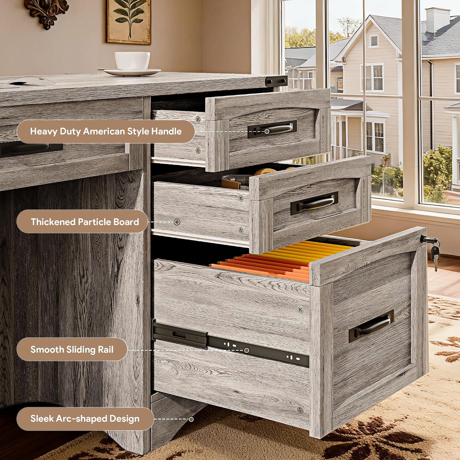 Decofy Farmhouse Executive Desk with Drawers, 55' Home Office Desks with Fast Charging Station, Lockable File Cabinet, Wood Writing Computer Desk for Work, Study, Grey