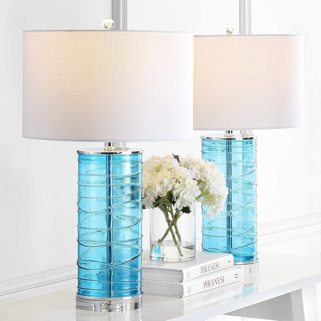 JONATHAN Y 27.5' Turquoise Modern Fused Glass Table Lamp Set of 2 for Bedroom Living Room, Coastal Nightstand Bedside Lamp with White Linen Shade, LED Bulbs Included JYL4016A-SET2