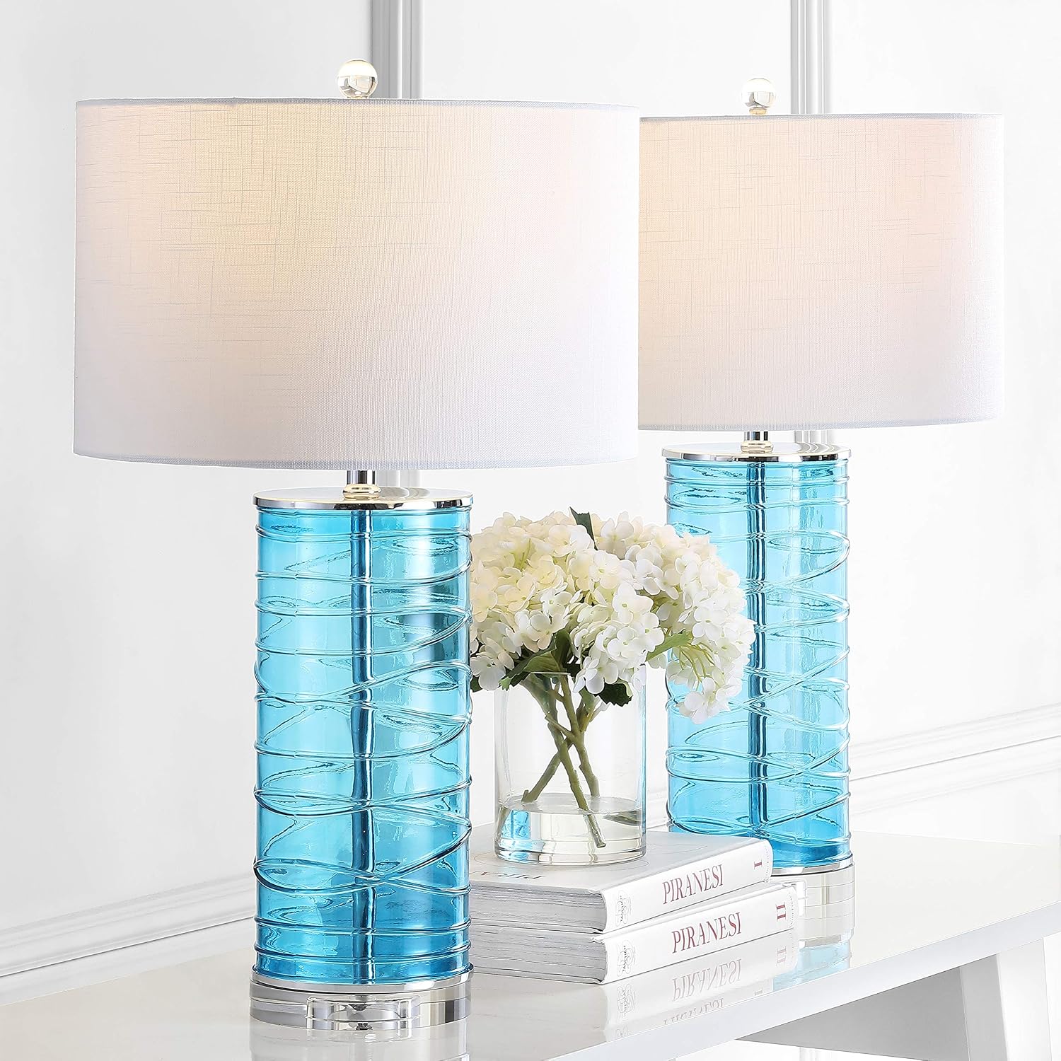 JONATHAN Y 27.5' Turquoise Modern Fused Glass Table Lamp Set of 2 for Bedroom Living Room, Coastal Nightstand Bedside Lamp with White Linen Shade, LED Bulbs Included JYL4016A-SET2
