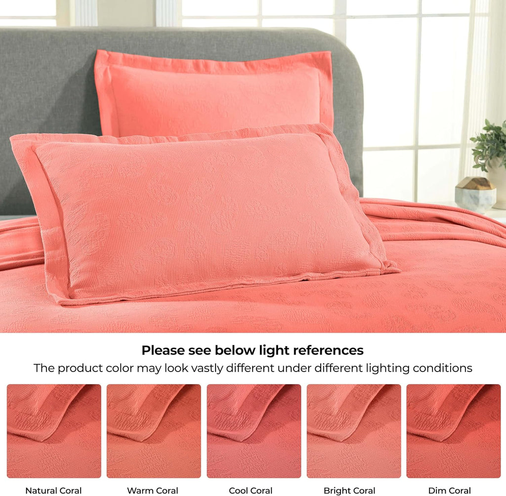 Superior Paisley 3 Piece Cotton Bedspread Set, Decorative Bed Spread, 2 Pillow Shams, Medium Weight Blanket, Matelasse Coverlet Bedding, Vintage Floral Pattern, Twin, Coral (Pack of 2)