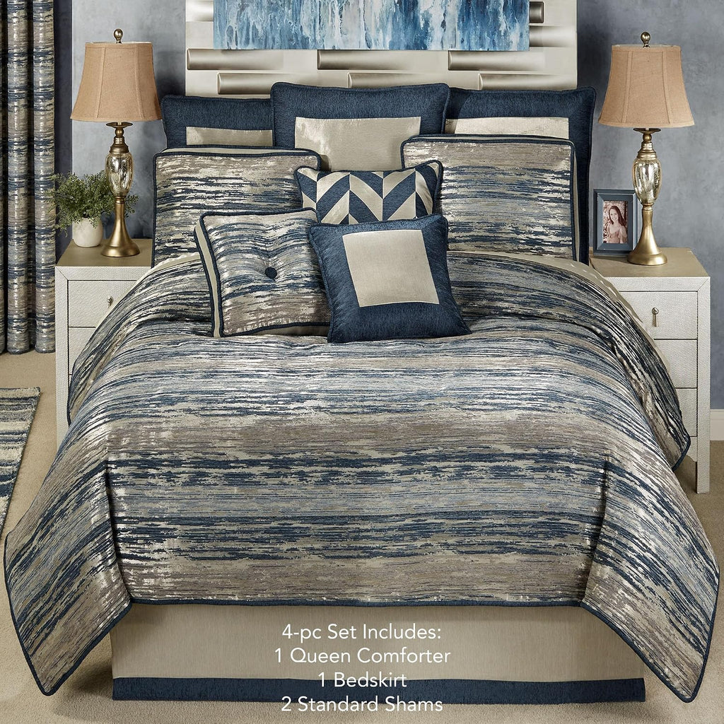 Spellbound Modern Luxury Bedding | Chic Metallic, Cool, & Neutral Hues | Chenille Abstract Striated Designs | 4 Piece Bedding Set Includes Oversized Queen Comforter, Bedskirt, and 2 Standard Shams