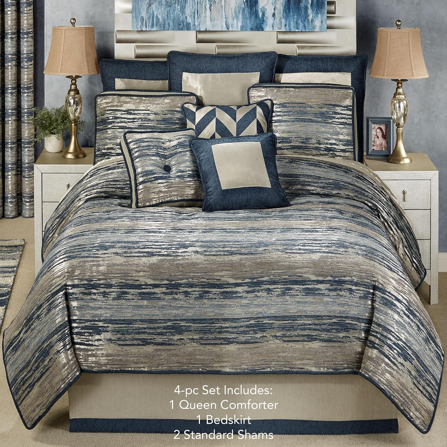 Spellbound Modern Luxury Bedding | Chic Metallic, Cool, & Neutral Hues | Chenille Abstract Striated Designs | 4 Piece Bedding Set Includes Oversized Queen Comforter, Bedskirt, and 2 Standard Shams