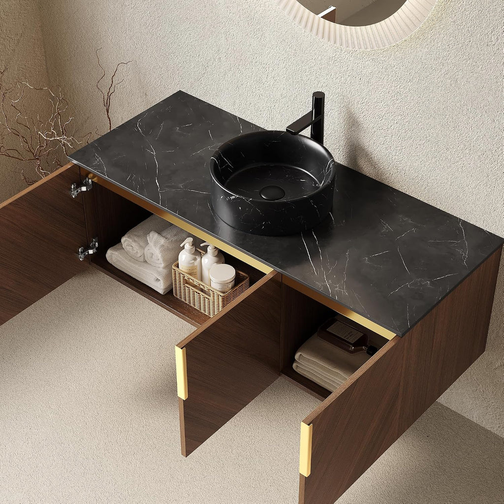 48 Inch Bathroom Vanity with Single Sink, Floating Vanity with Vessel Sink, Modern Bathroom Vanity Cabinet with 3 Doors, Sintered Stone Countertop and Black Round Basin,Brown Oak