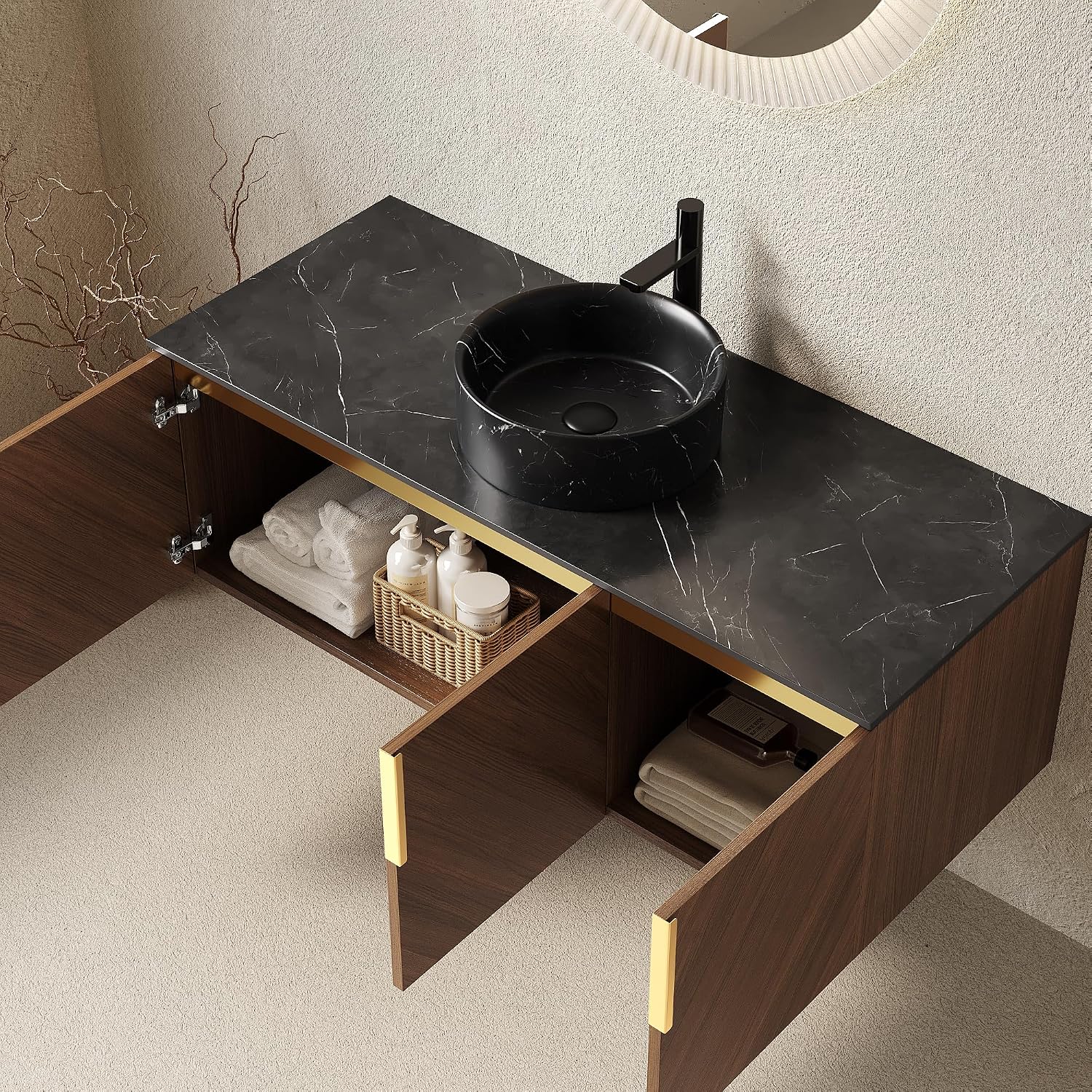 48 Inch Bathroom Vanity with Single Sink, Floating Vanity with Vessel Sink, Modern Bathroom Vanity Cabinet with 3 Doors, Sintered Stone Countertop and Black Round Basin,Brown Oak